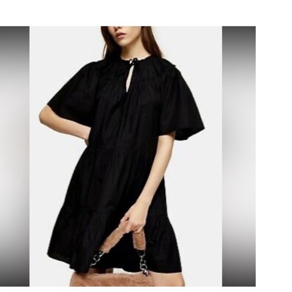 Topshop  Smocked Poplin minamilist  Mini Dress Tiered Ruffles Black size US 6
